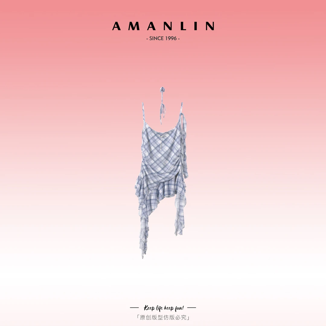 AMANLIN/阿谩琳辣妹风不规则显瘦蓝色格纹吊带气质背心Y595795