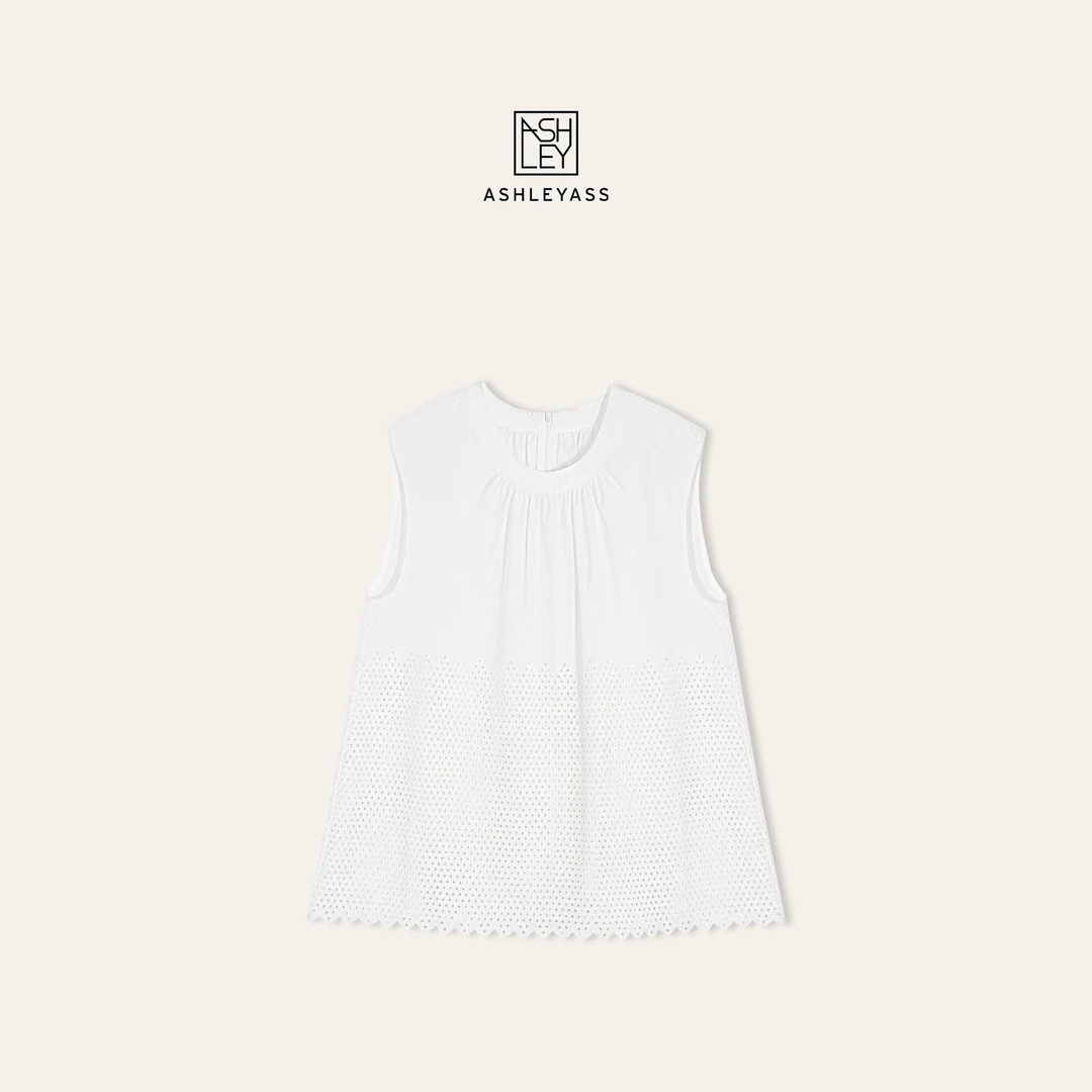 【ASHLEYASS】“下摆镂空”法式小飞袖镂空白色娃娃衫背心LSS250619W
