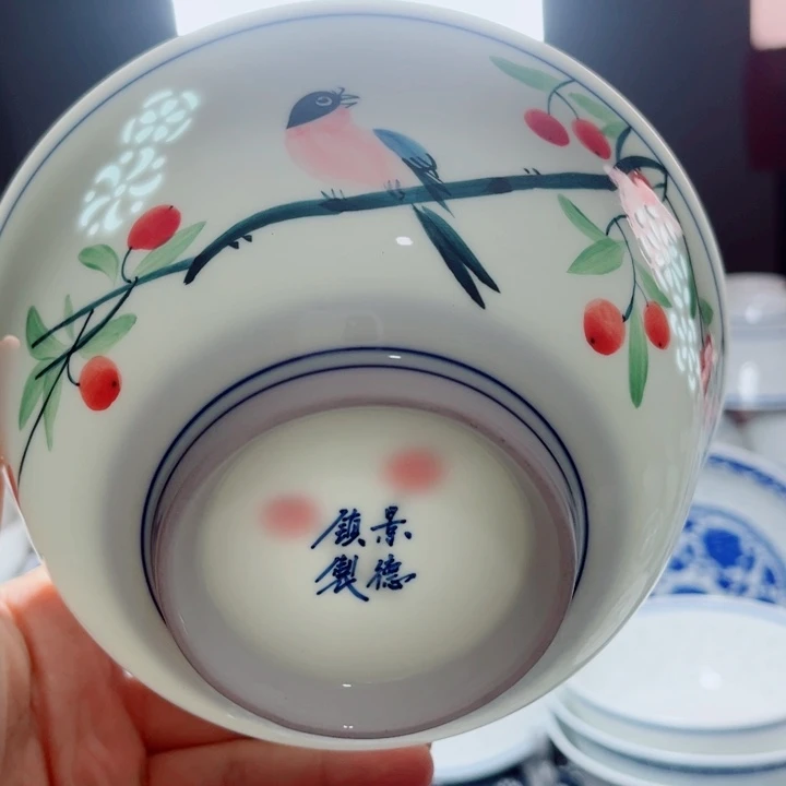 青花玲珑6寸面碗花鸟手绘