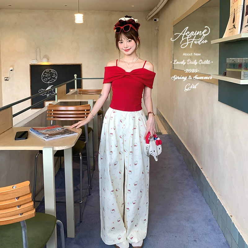 Acaine阿彩呢 奶油KT 日常通勤百搭休闲高腰韩系KT印花宽松阔腿裤