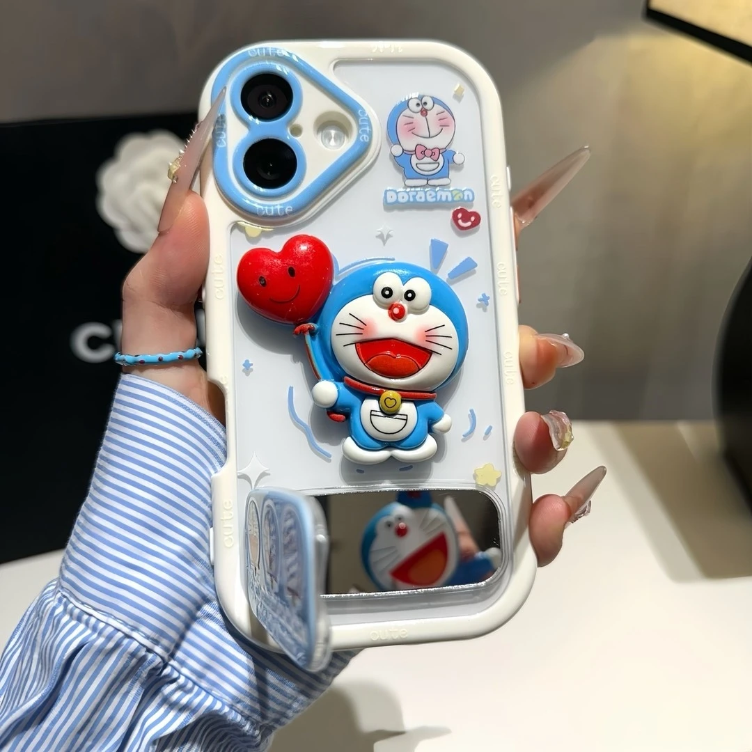 适用奶茶叮当猫镜子支架苹果16/15pro奶油手机壳华为vivo小米oppo