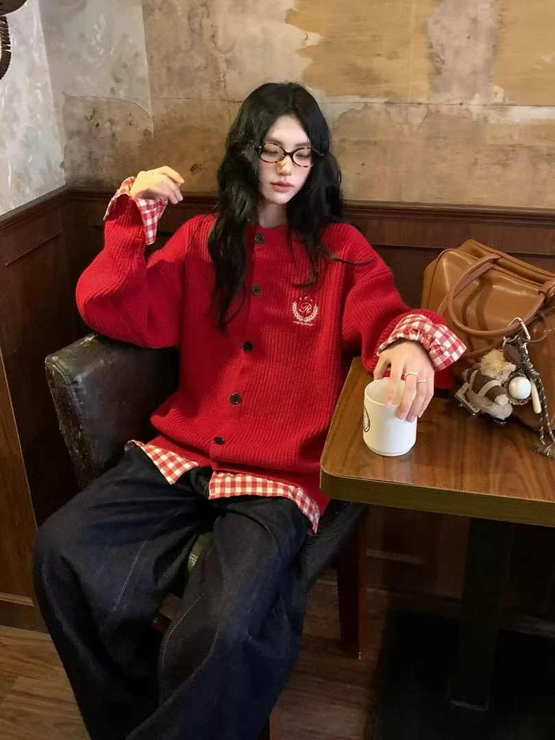 大码红色格子拼接开衫女秋季微胖 MM休闲百搭设计感上衣+裤子