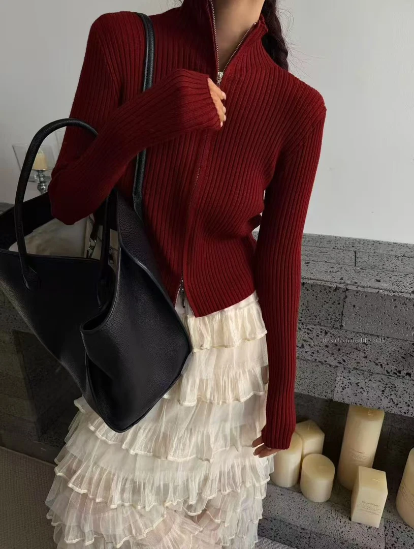 2025冬季新款美式双拉链立领百搭显瘦纯色短款针织开衫