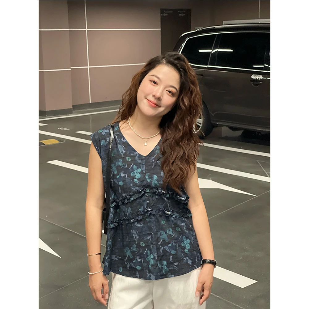 WenWen小个子v领木耳边无袖上衣休闲百搭复古花朵小衫4144