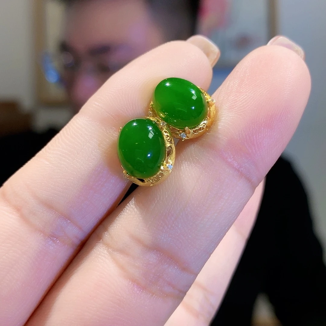 和田玉（碧玉）耳饰银S925镀金镶嵌