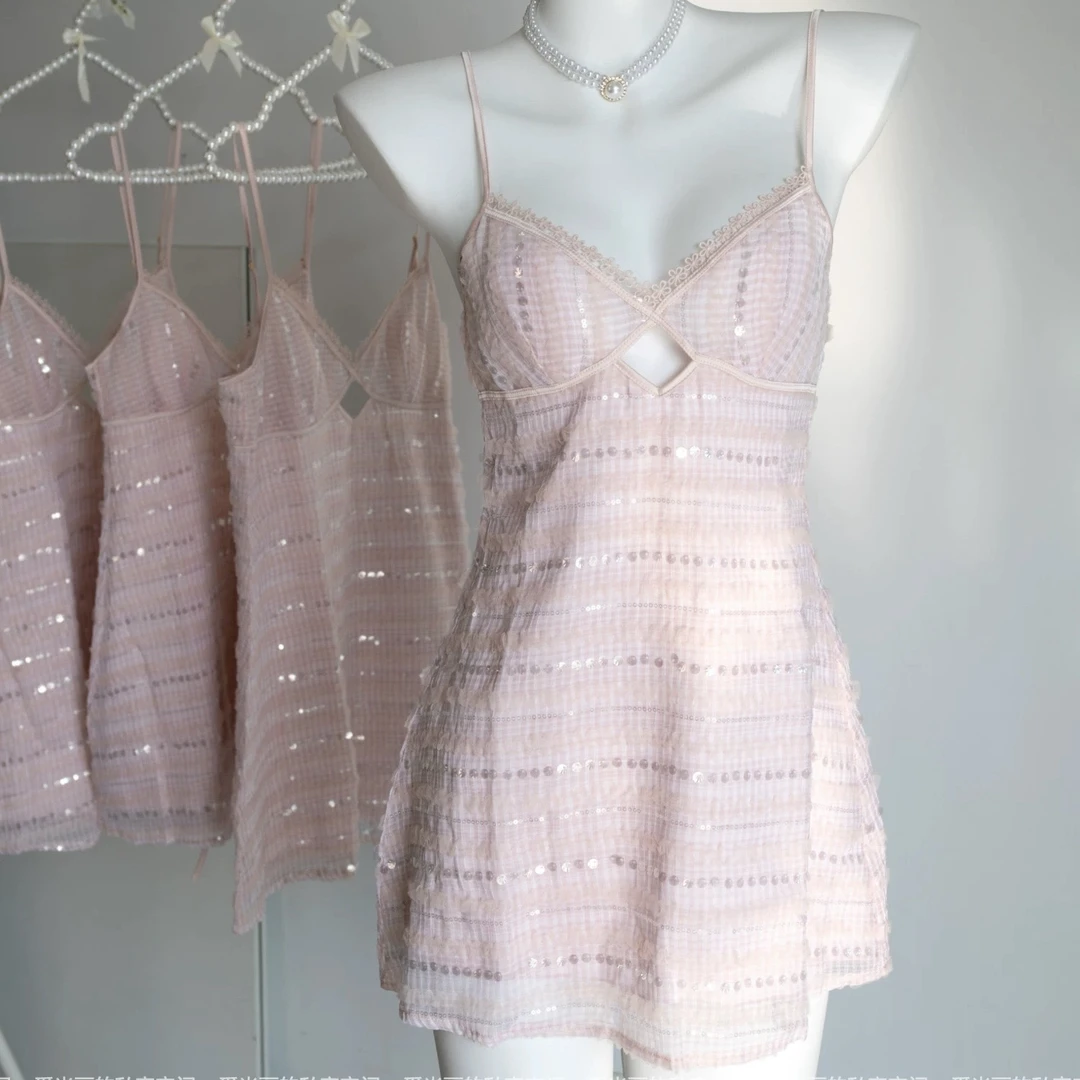 【亮片】高级性感纯欲风镂空吊带睡衣女气质轻奢法式可外穿短裙Q08