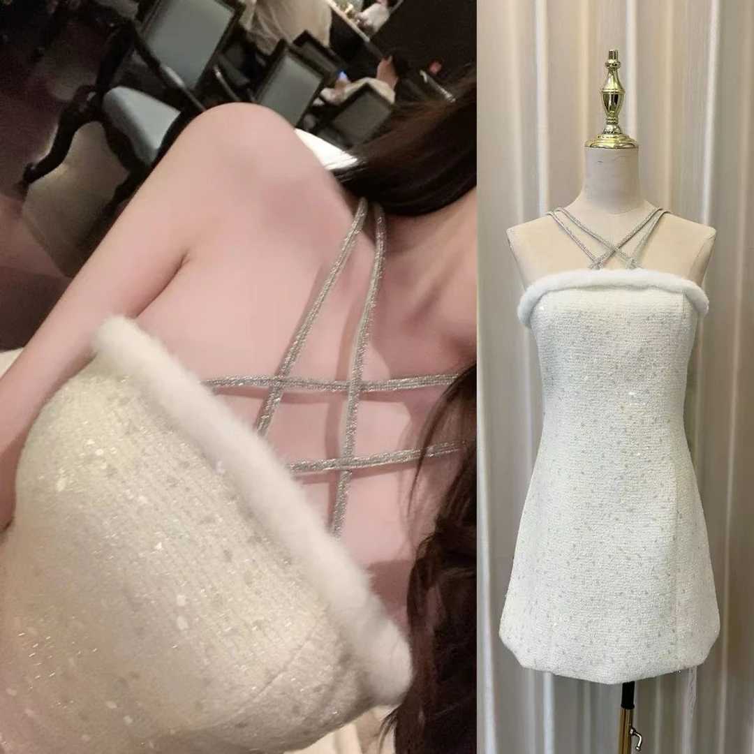 法式显瘦性感名媛水钻绑带细闪收腰宴会小香风礼服裙连衣裙吊带裙