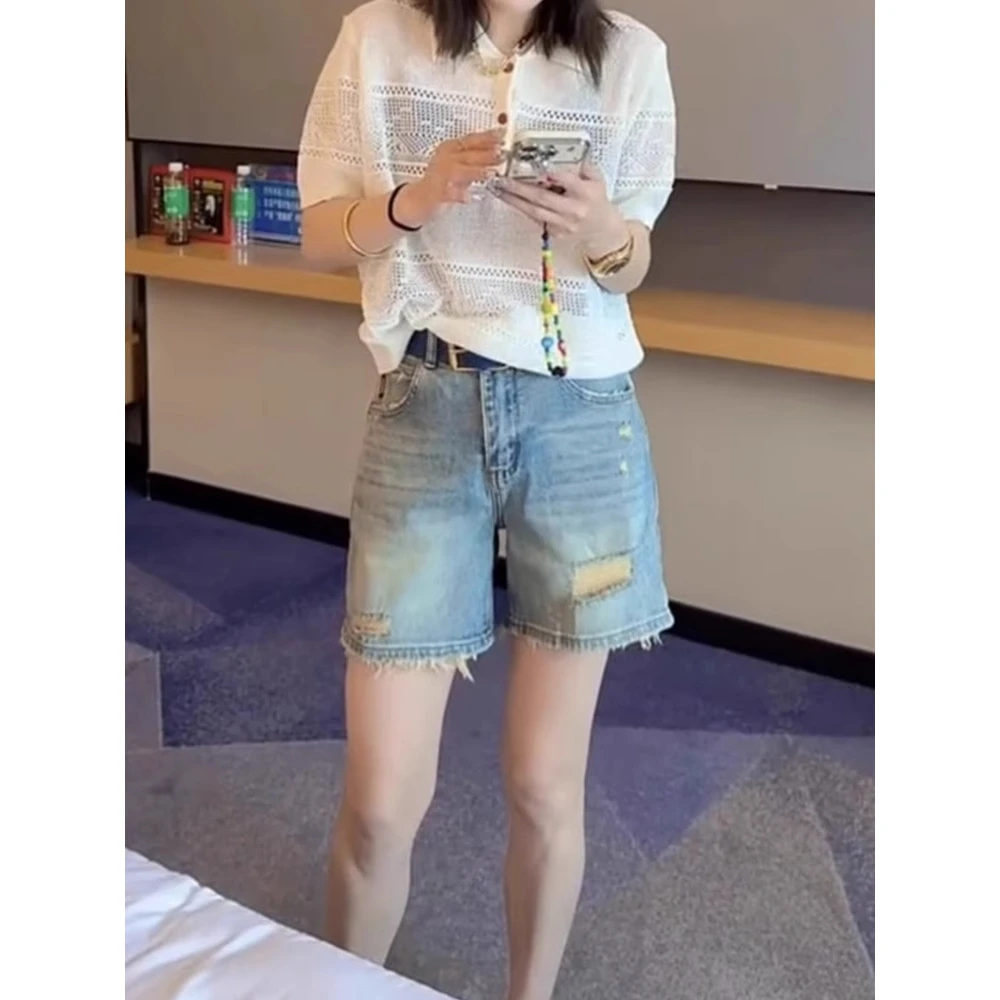 夏季薄款破洞牛仔短裤女新款高腰休闲阔腿A字热裤