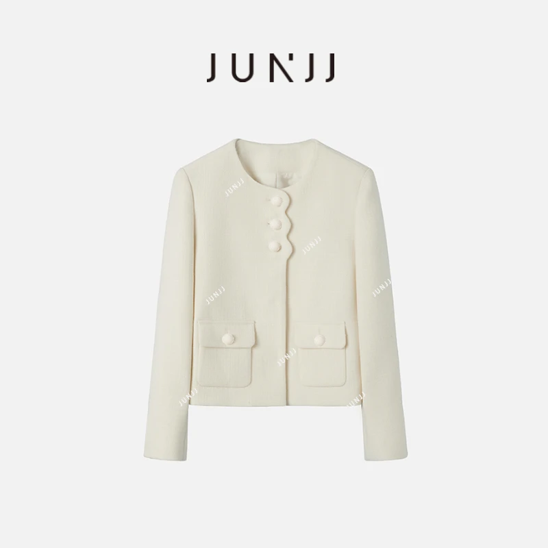 杰瑞【白雪公主】2024年秋女士轻奢白色小香风百搭休闲圆领外套