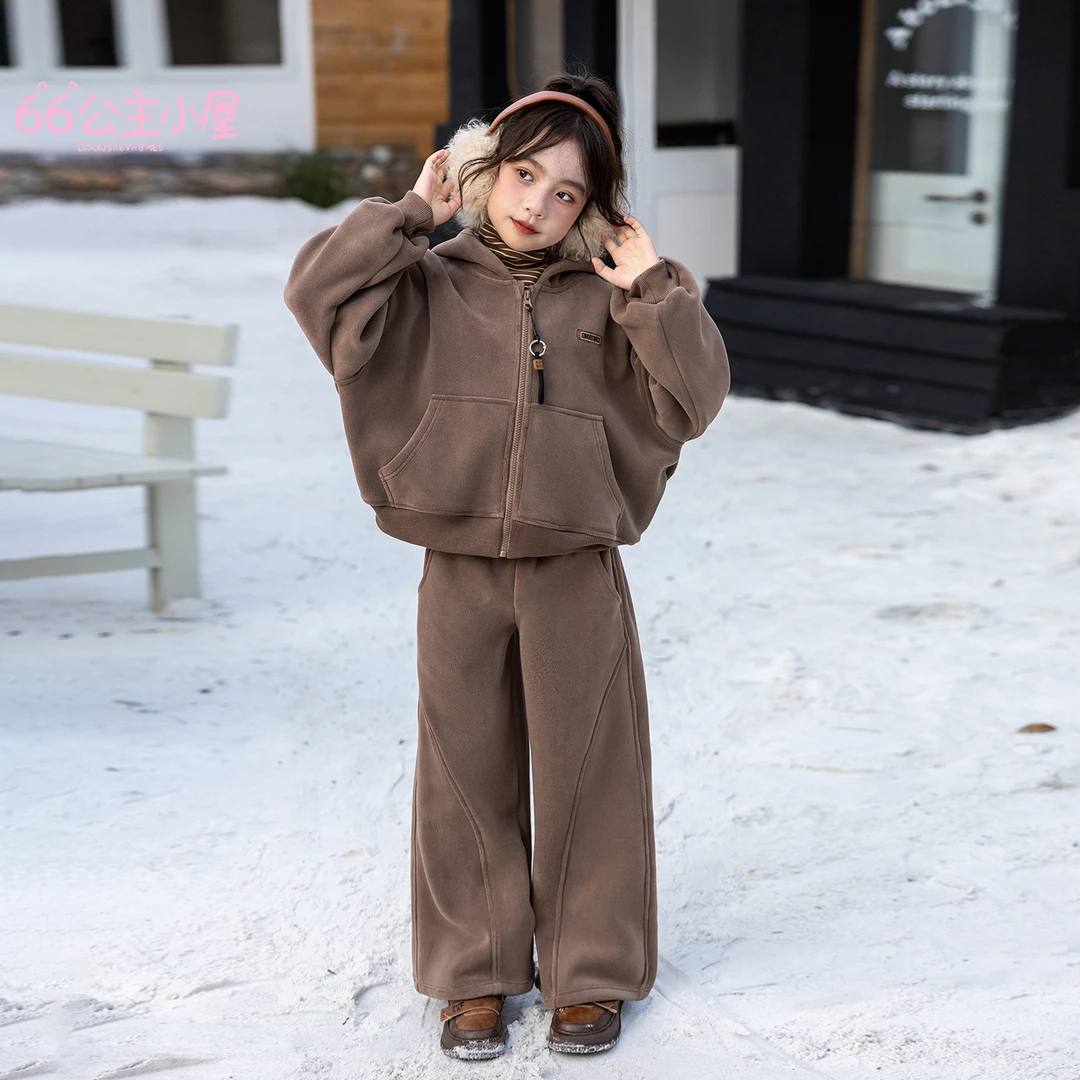 66公主童装新款女童2025冬款连帽套装女孩加绒加厚两件套 25TZ050
