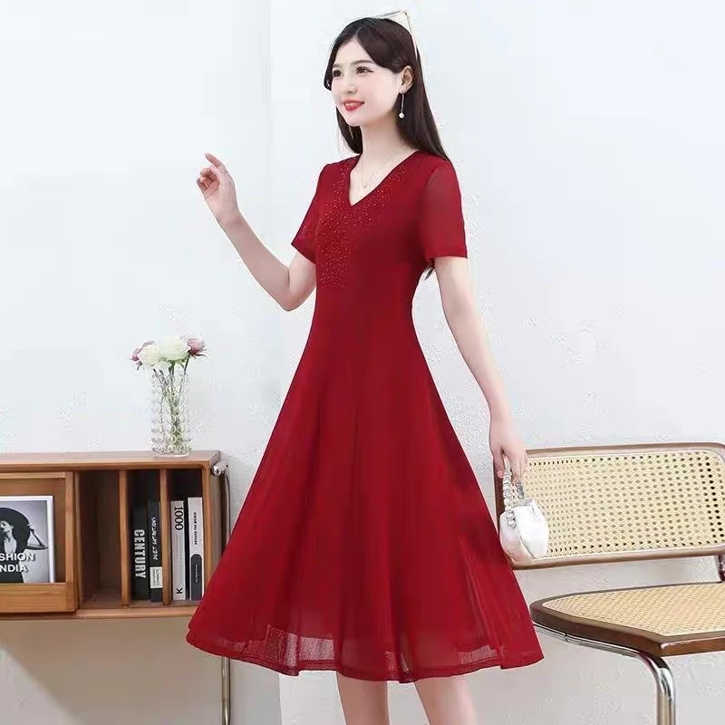 夏季短袖连衣裙红色气质大摆裙裙子红色洋气女装时尚妈妈装