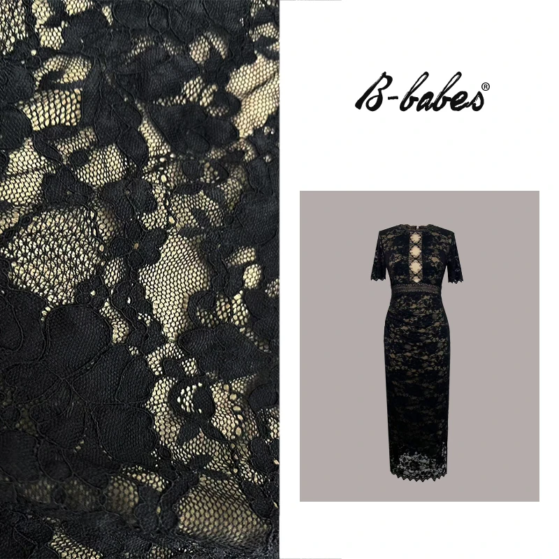 B-babes【遗失的美】黑色镂空蕾丝连衣裙短袖修身纯欲收腰包臀裙子