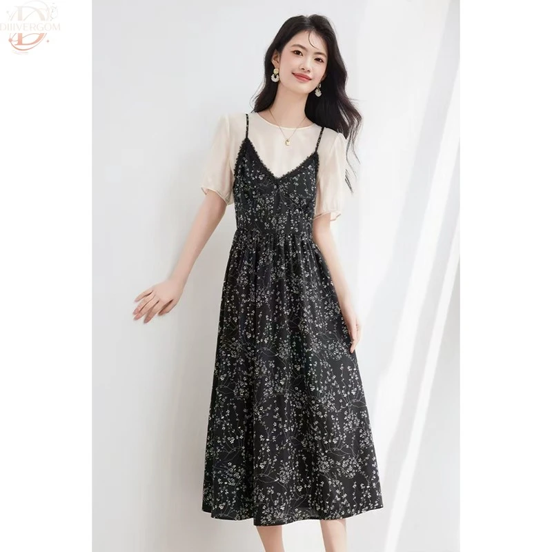 DIIIVERGOM假两件夏季新款撞色拼接蕾丝花边收腰显瘦好看碎花吊带