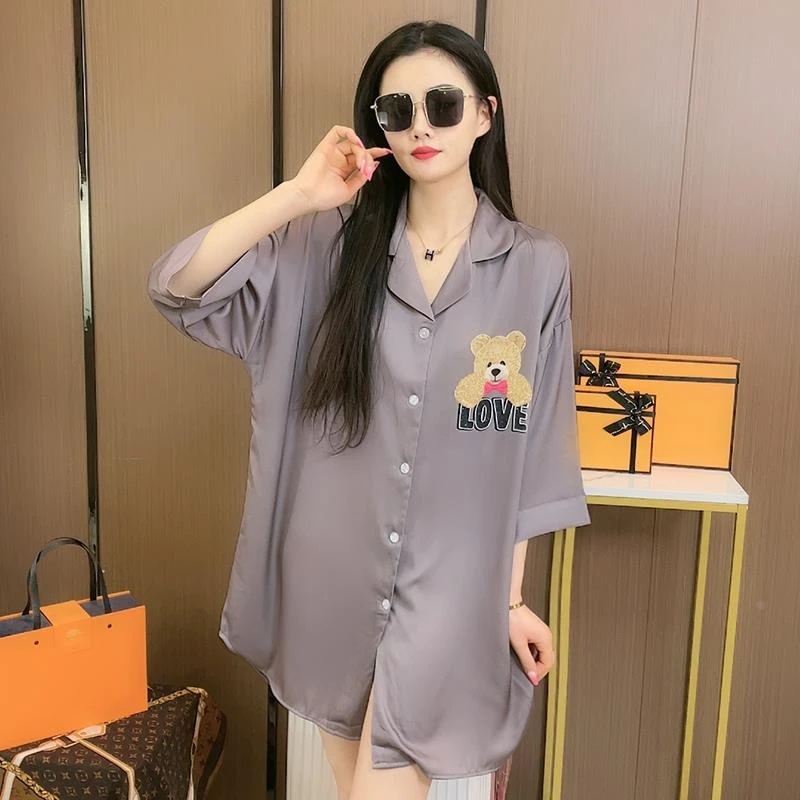 维多利亚睡衣女夏天冰丝睡裙女士宽松可爱衬衫裙2025年春秋新高级