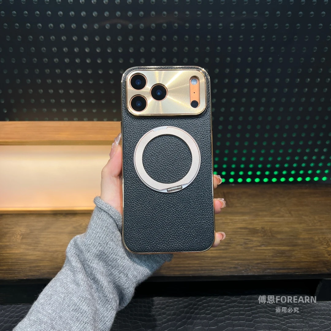 适用于苹果17promax手机壳iPhone17pro网红17支架真皮保护套新款