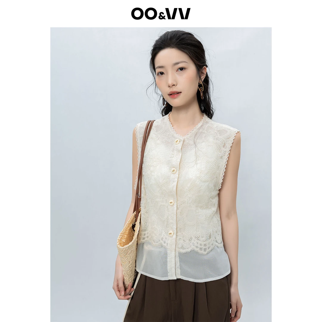 OO&VV设计感蕾丝花边镂空网纱马甲女2025夏新款拼接T恤假两件套