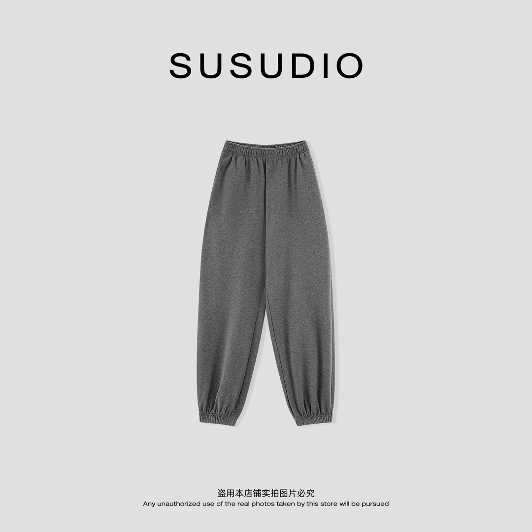 SUSUDIO 100棉 休闲百搭秋季纯色宽松松紧腰束脚运动卫裤 40648
