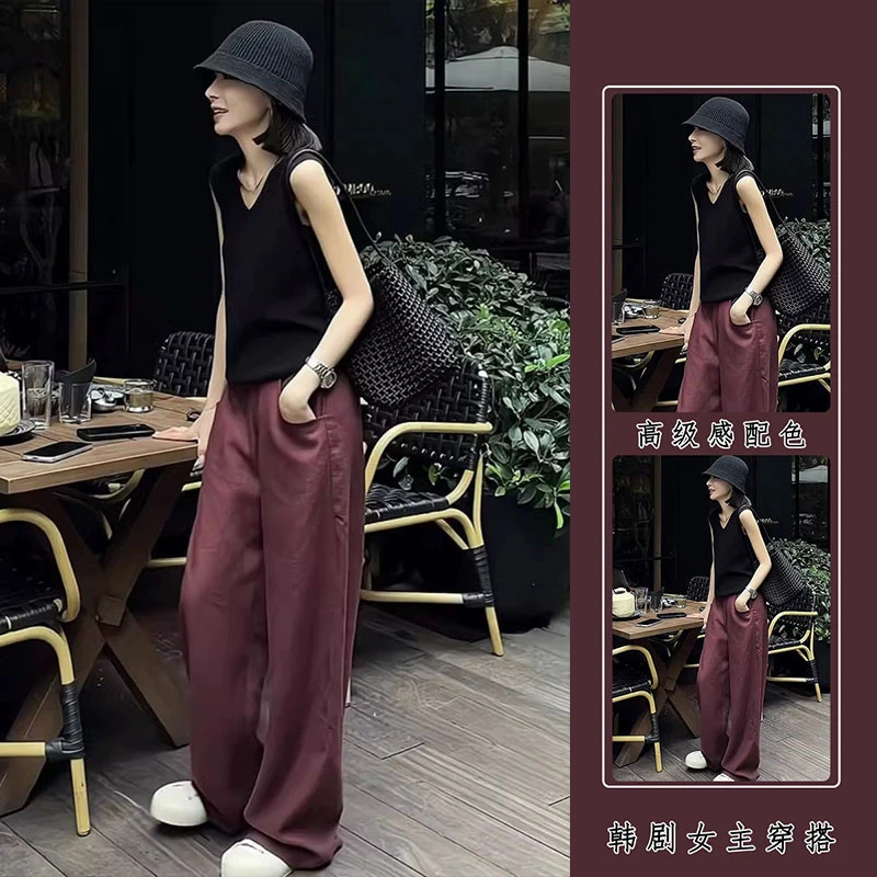 246510+246511夏装一整套黑色无袖上衣红色阔腿裤盐系轻熟两件套