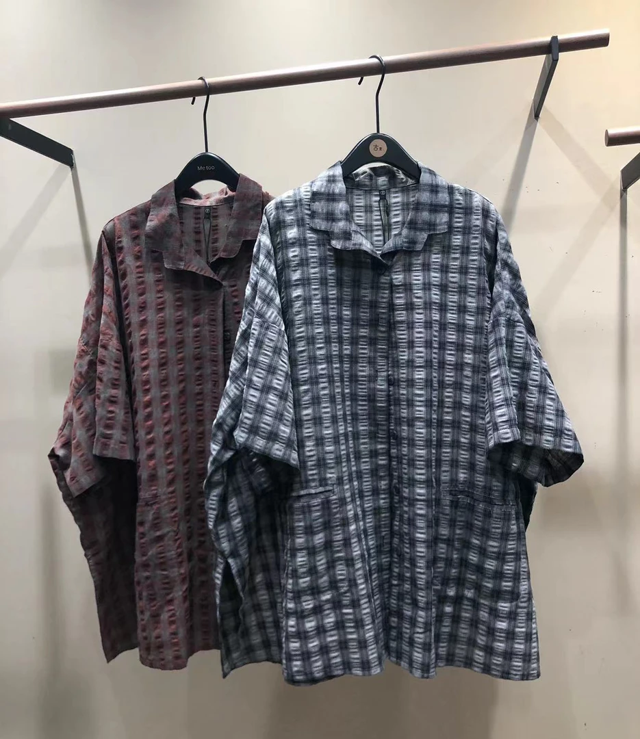 古素旧格子麻料短袖衬衫外套两用