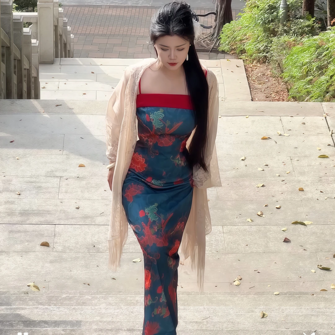 【曼珠沙华】新中式改良印花风情万种撞色小众设计感吊带旗袍裙