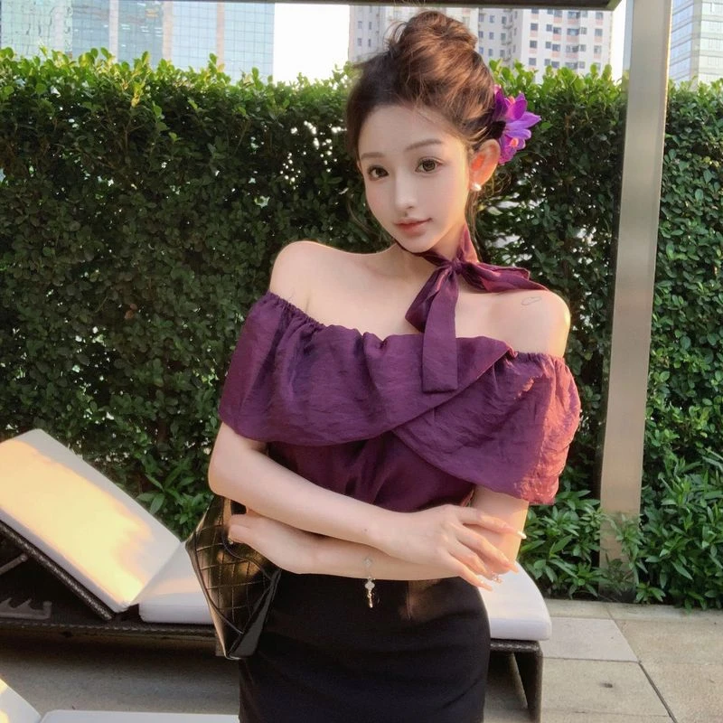 法式复古一字领荷叶边露肩飘带衬衫甜辣温柔紫色贵气气质名媛御姐