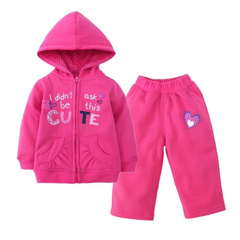 外贸原单美版女童加绒秋装长袖连帽开襟外套长裤套装刺绣小潮版