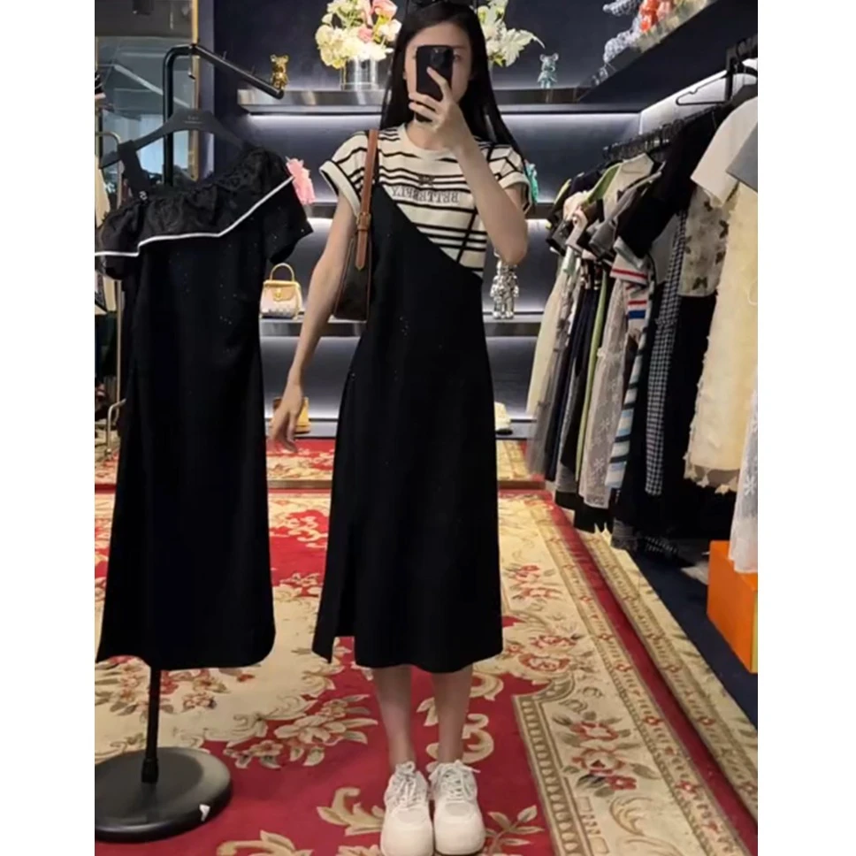 重工镶钻满天星显瘦连衣裙女高级拼接短袖T假两件开叉中长裙9185