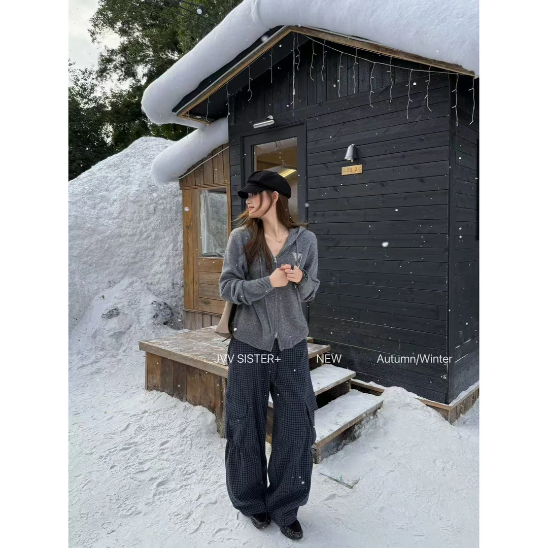 爱唯依（F）-毛呢格子裤！大口袋宽松显瘦的工装格子裤（JJ71525#）JVV