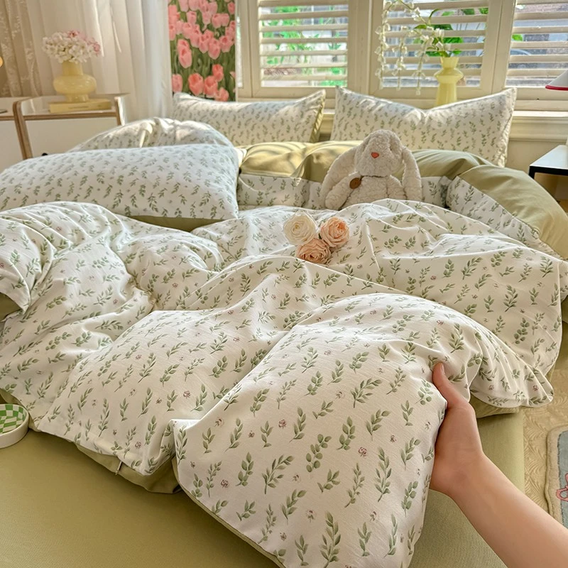 针织双层纱印花四件套学生宿舍床单被套床上用品三件套网红小清新