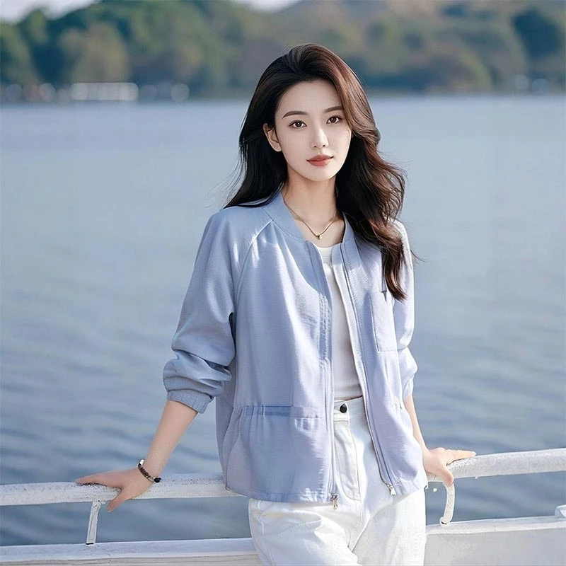 2025夏季新款设计感小众冰蓝色棒球服防晒外套女高级感百搭短上衣