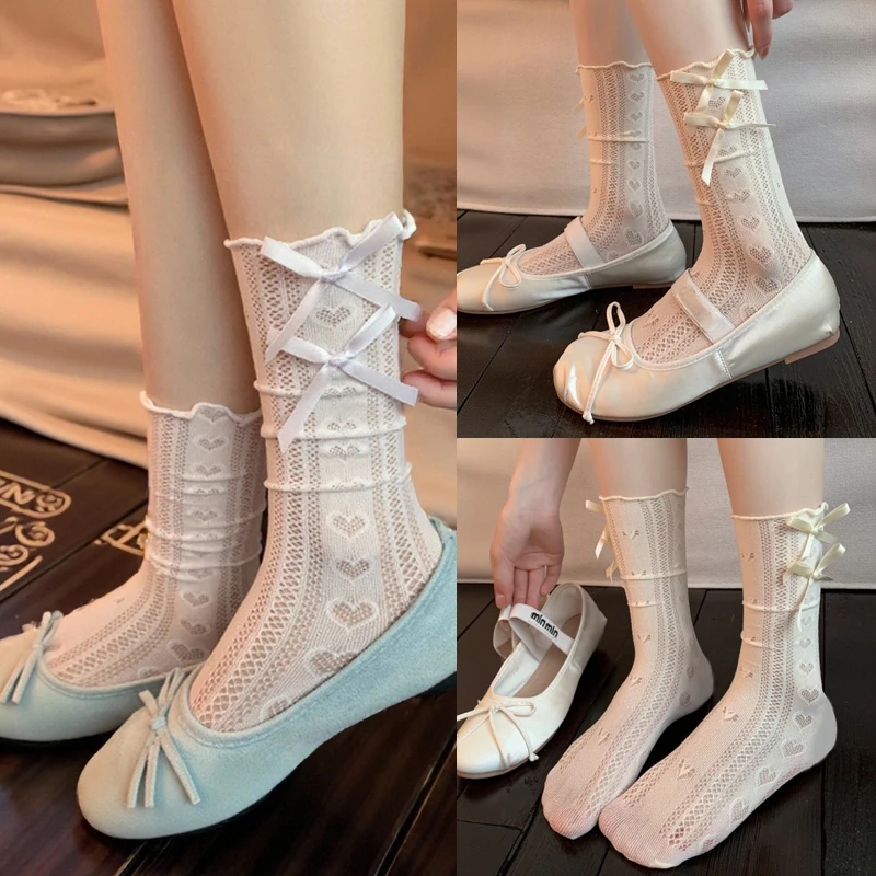 花边蝴蝶结法式蕾丝堆堆袜子女夏季薄款长筒小白袜夏天miu芭蕾风