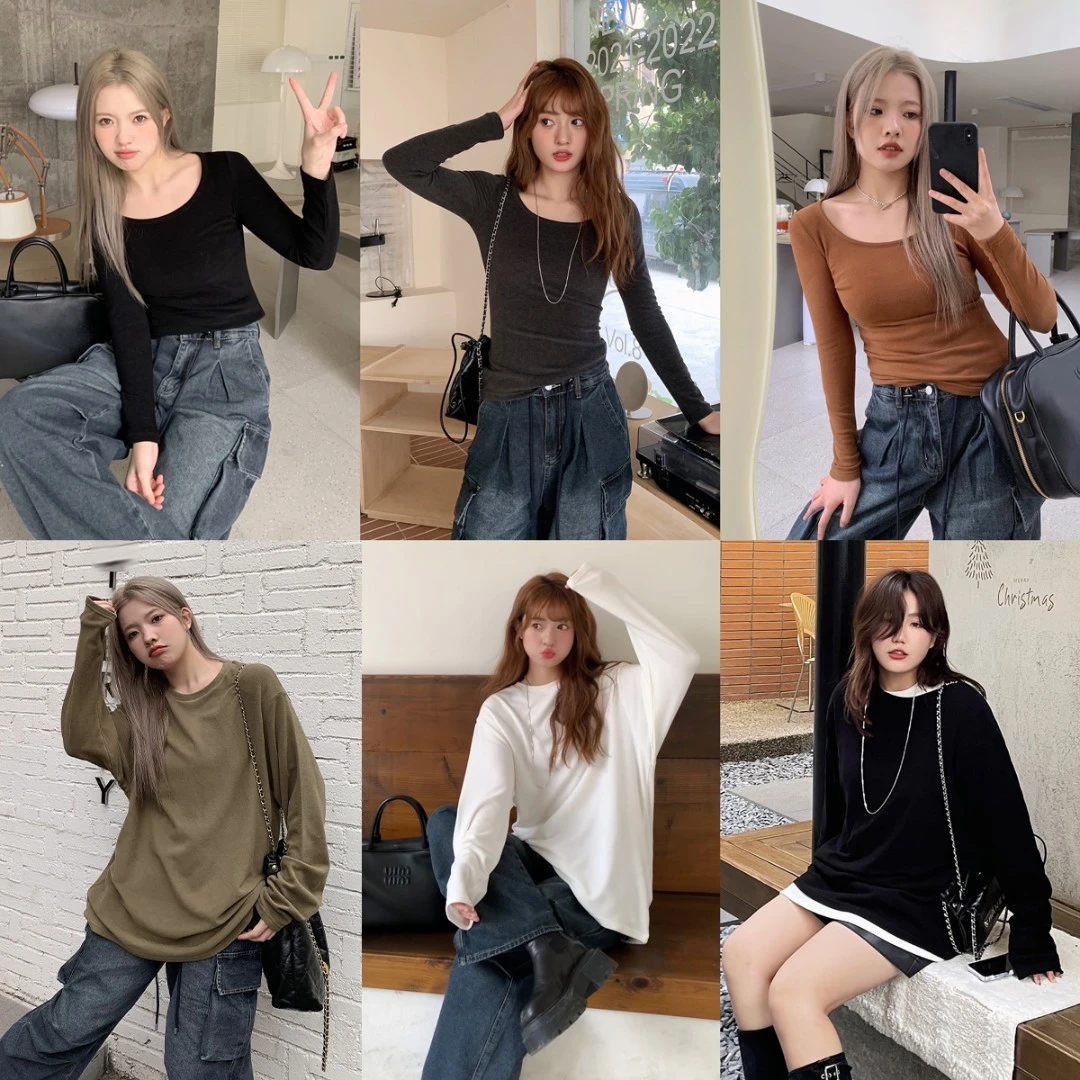 晶咕~白标 百搭冬季德绒磨毛保暖T恤长袖修身圆领女士时尚
