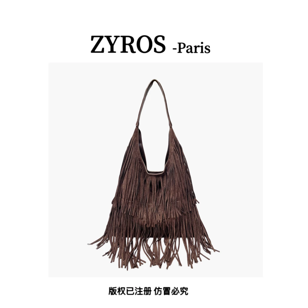 ZYROS/秋冬新款红棕色流苏高档时尚百搭单肩斜跨通勤托特包女Z389