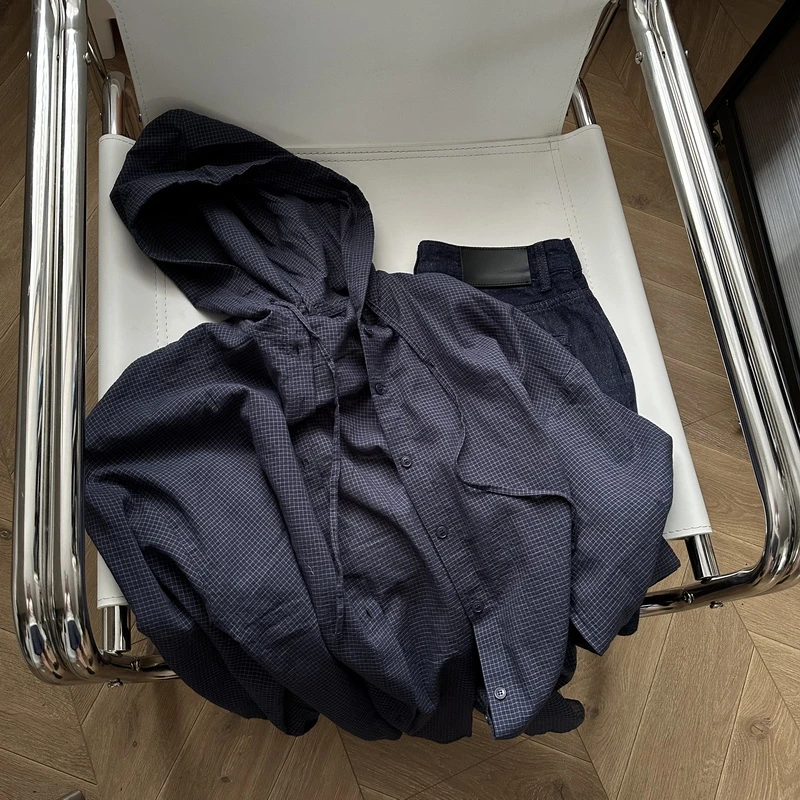 好品质松弛感水洗肌理棉感轻薄柔软连帽格子衬衫 宽松防晒衬衣