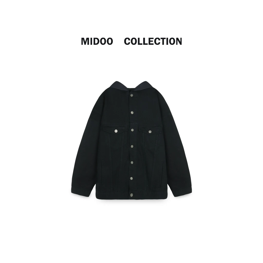 MIDOO 高级质感2024 早春巴家毛边拼接连帽牛仔外套