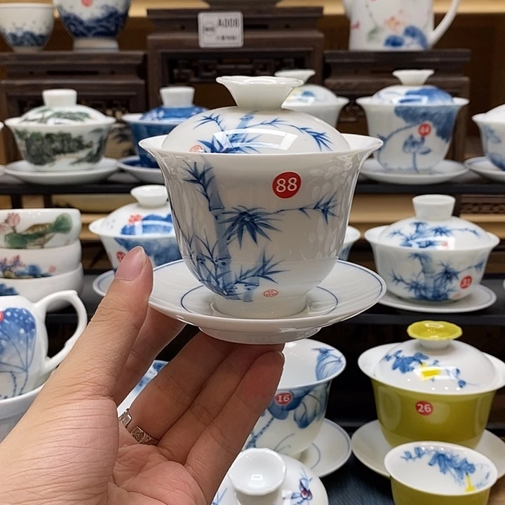 手绘竹子160cc盖碗釉下彩微瑕福利款