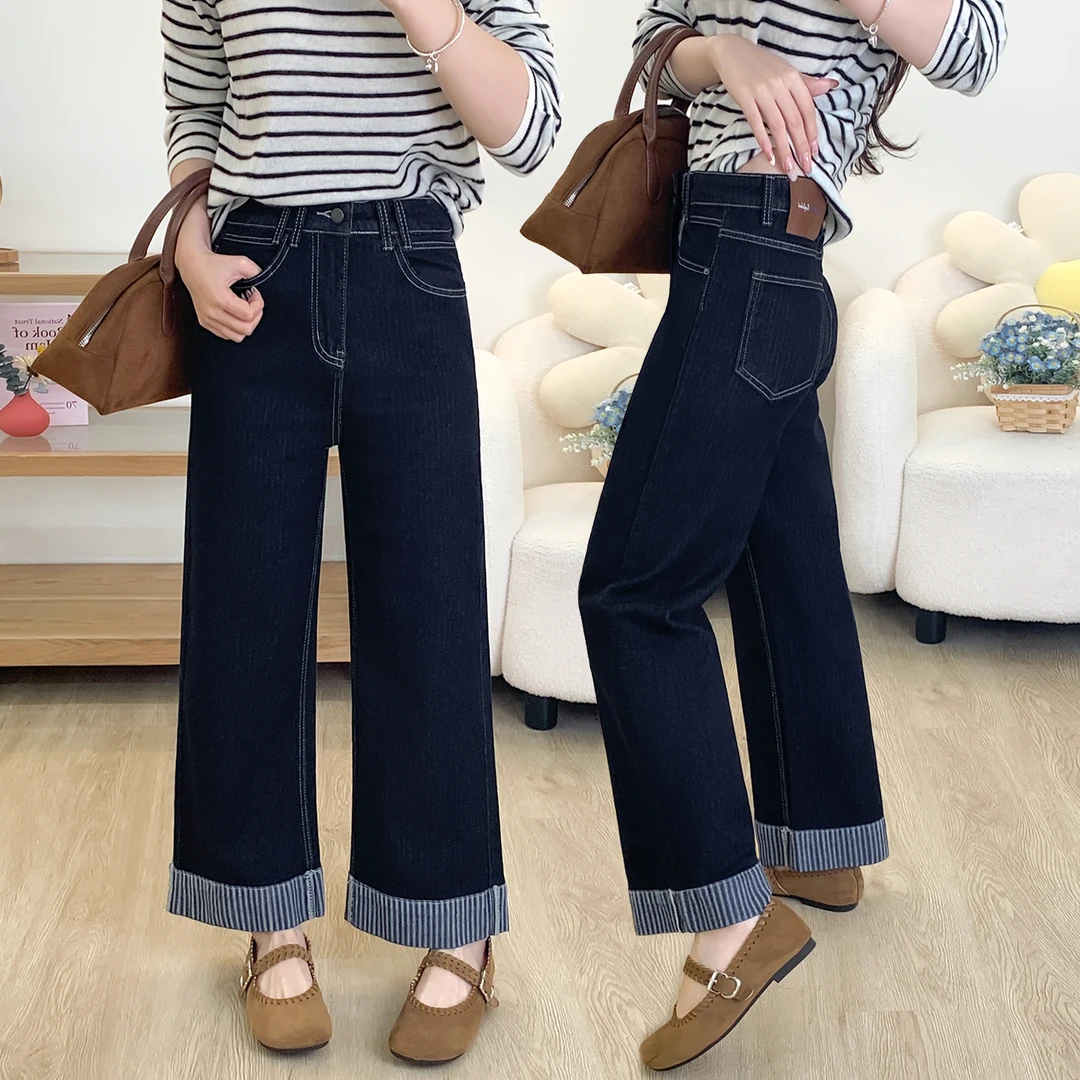 百搭黑金色阔腿牛仔裤女秋季新款大码小个子宽松显瘦直筒九分裤子