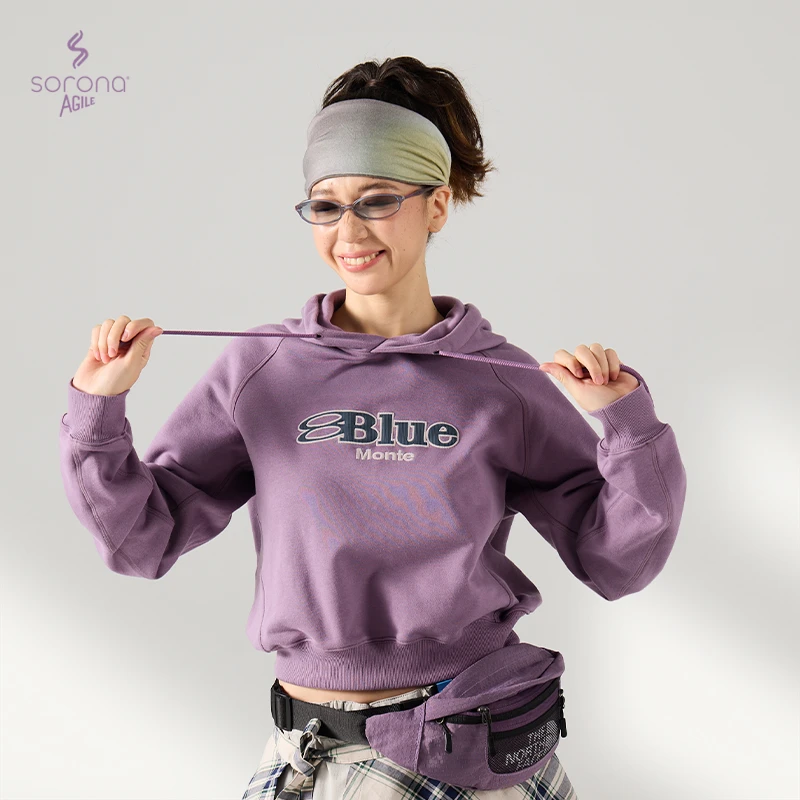 蓝岐重磅380克索罗娜春季基础长袖刺绣连帽短卫衣女