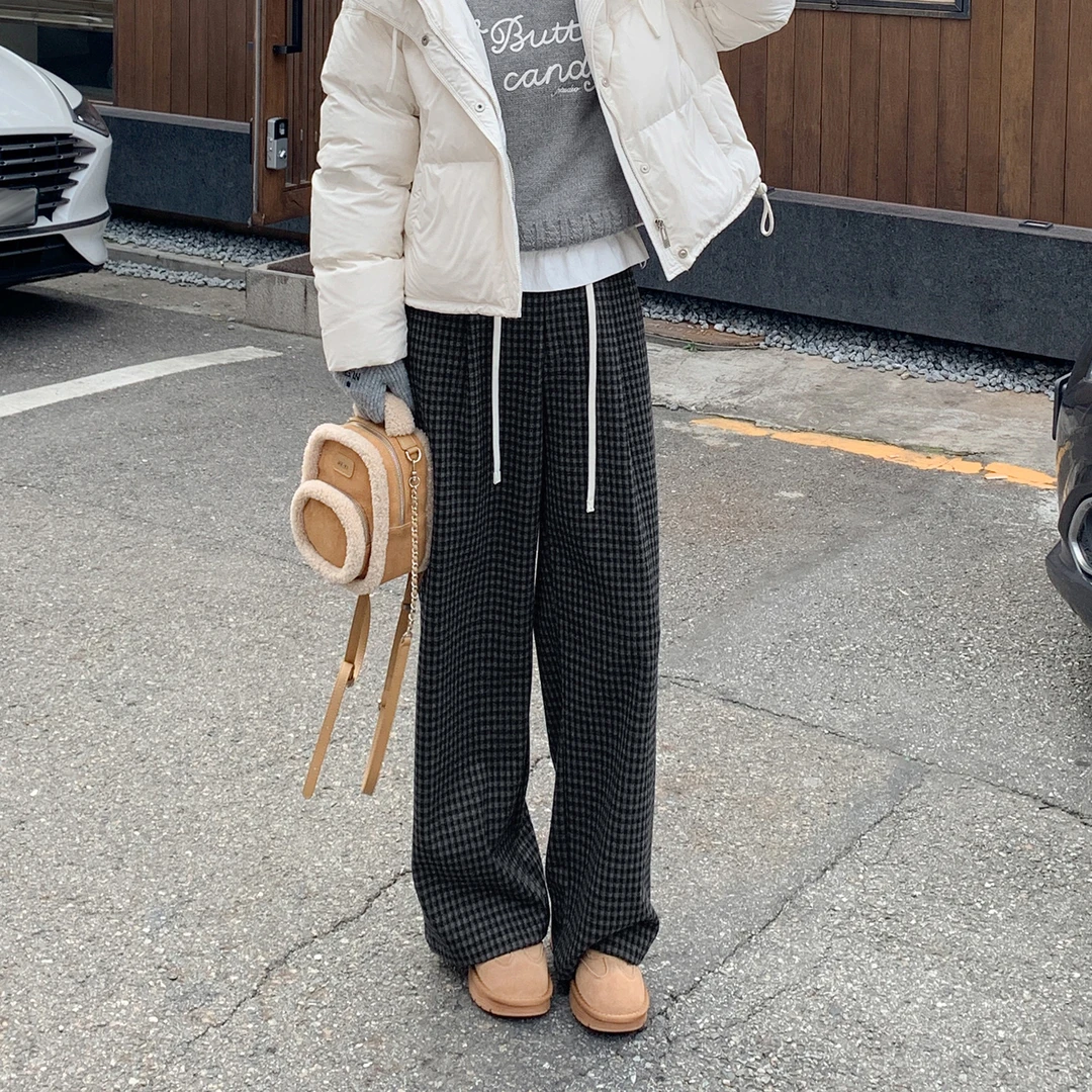 【牙牙】【92折】【复古暖格】FS512X001格纹直筒长裤