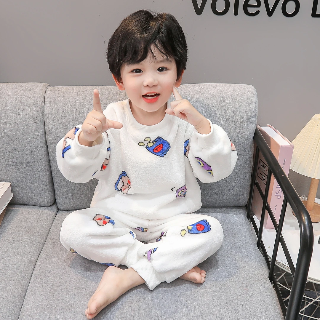 儿童珊瑚绒睡衣秋冬款加厚加绒男孩宝宝法兰绒套装男童保暖家居服