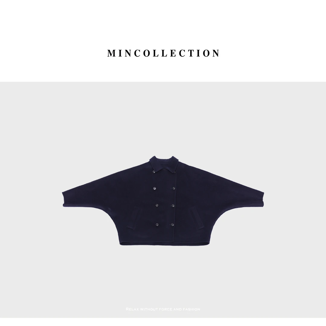 DE Mincollection藏青斗篷呢子/蝙蝠袖斗篷式双面羊毛呢外套