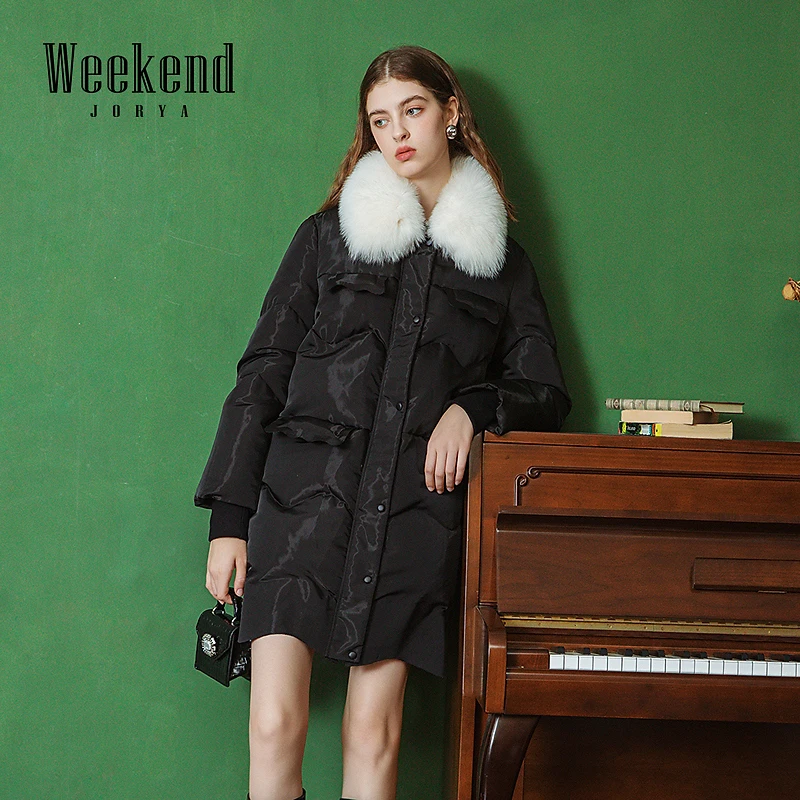 卓雅周末冬千金风狐狸毛领胶压亮感立体中长款羽绒服EJWDDZ02