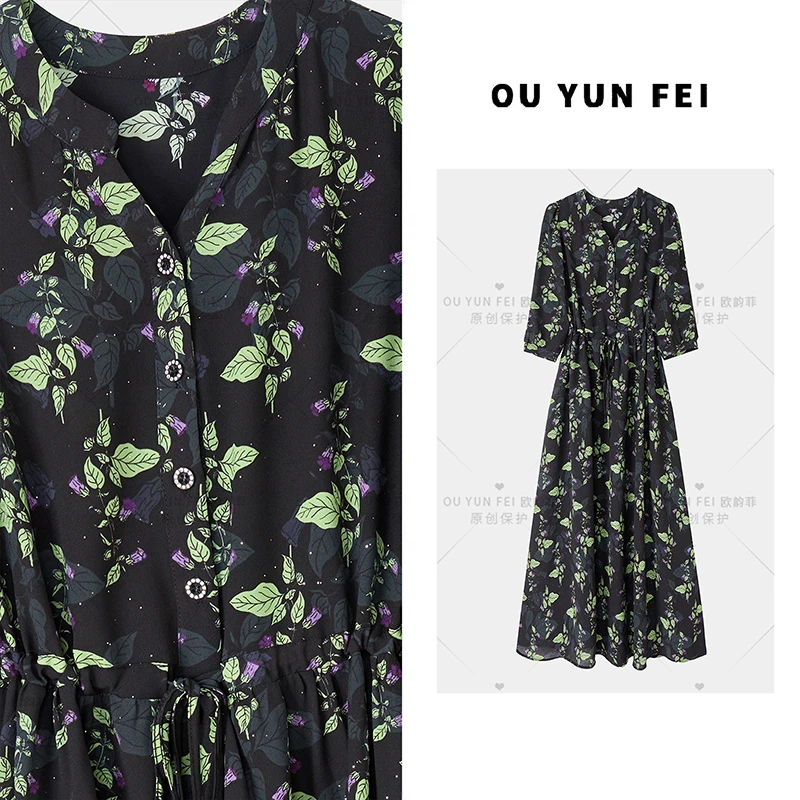 显瘦夏季气质长裙中袖套头连衣裙女黑色时尚设计师HZ1068