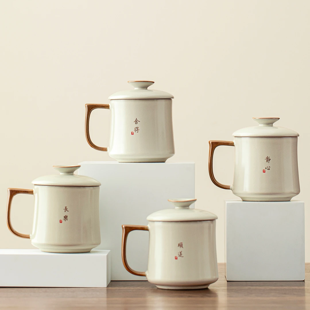 煌山汝窑茶杯家用办公创意写字喝茶带盖个人专用泡茶陶瓷杯马克杯