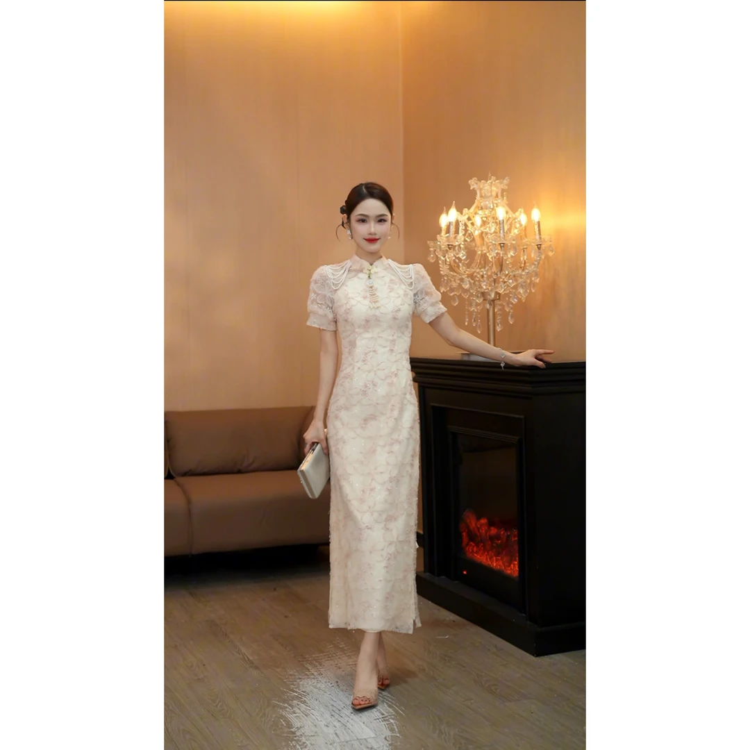 3446蕾丝敬酒服新娘订婚礼服高级感中式旗袍高端小个子回门服