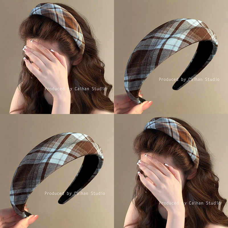 格纹步调~法式复古格纹宽边发箍女款高级感时尚头箍高颅顶盘发器