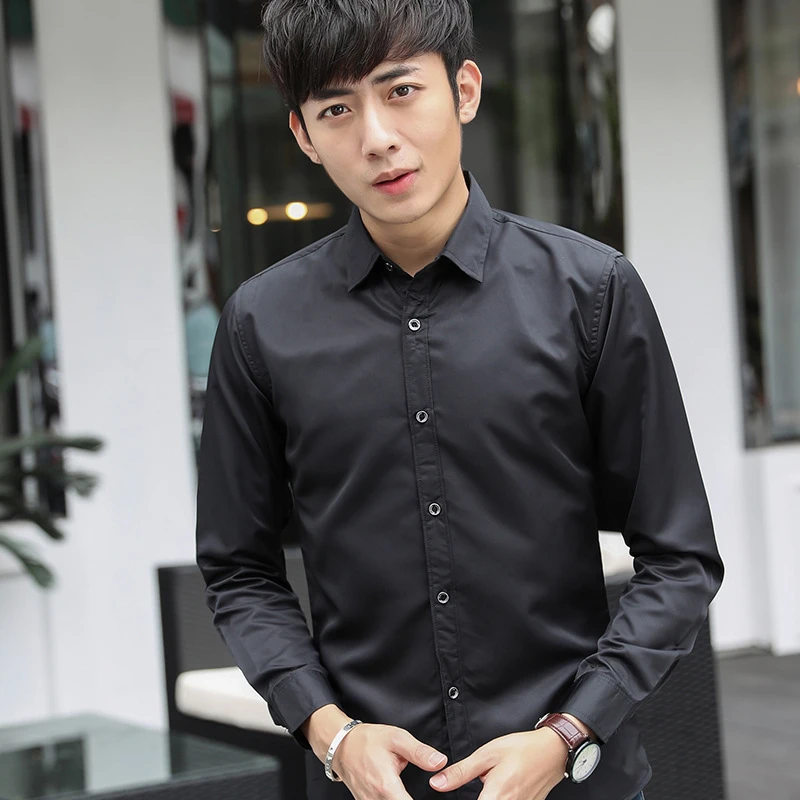 青年韩版潮修身男士白黑色衬衣新款男式长袖衬衫休闲纯色免烫寸衫