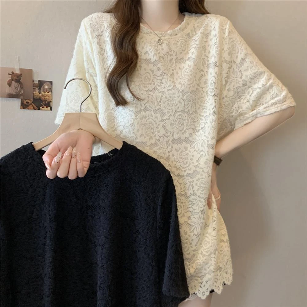 蕾丝镂空提花短袖T恤女夏季新款大码胖mm显瘦遮肚中长款洋气上衣