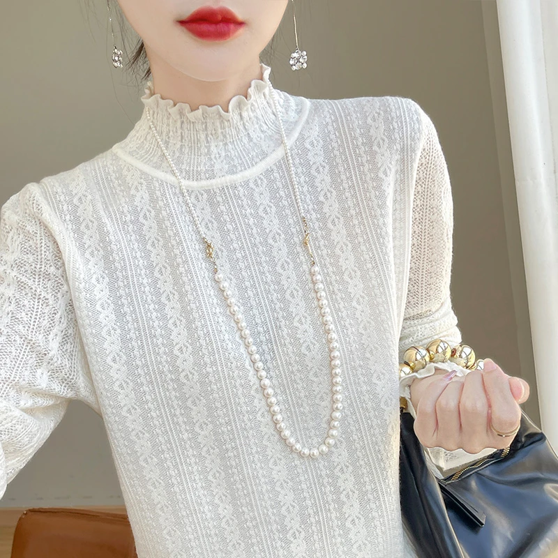春秋新款花边半高领精纺羊毛衫女士高级轻奢气质简约针织打底衫