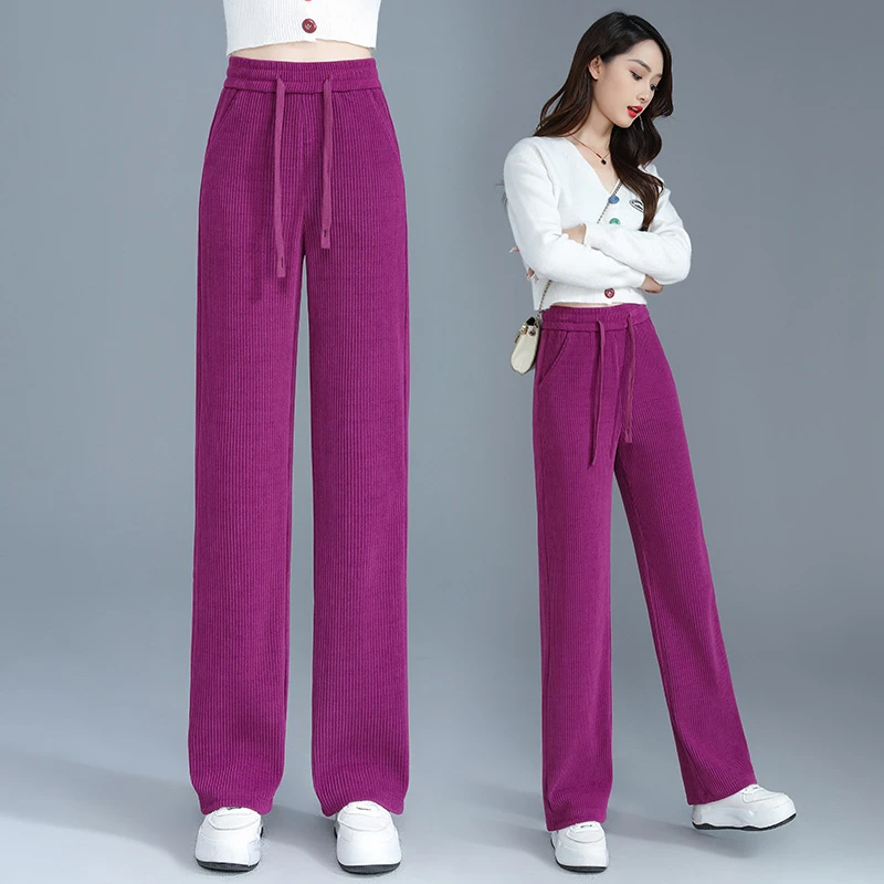 雪尼尔阔腿白色春秋冬2025新款高腰灯芯绒休闲裤加绒窄版直筒裤子